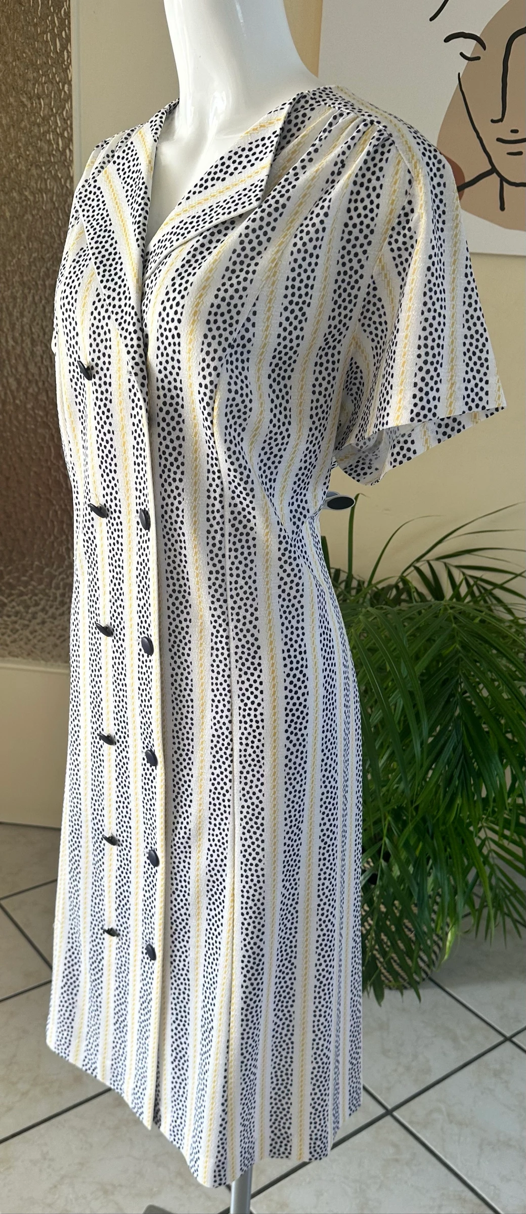 Robe Vintage Imprimée Marine et Jaune T44/46 – État Irréprochable